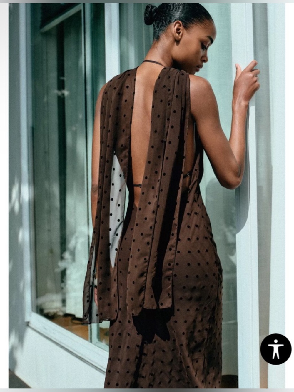 Zara Polka Dot Midi Dress Halter Cowl Neck Brown with Scarf